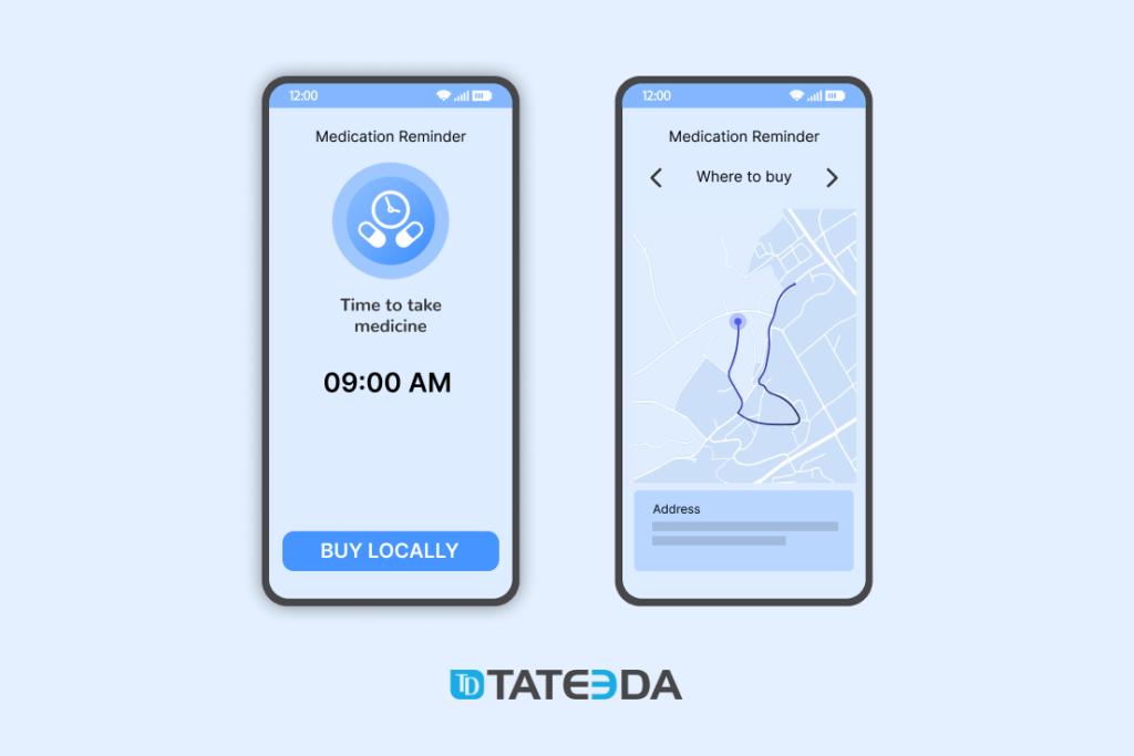 Medication Reminder App GUI Example: Prescribed Drug Refill Notification and an Automatically Suggested Route to a Pharmacy.