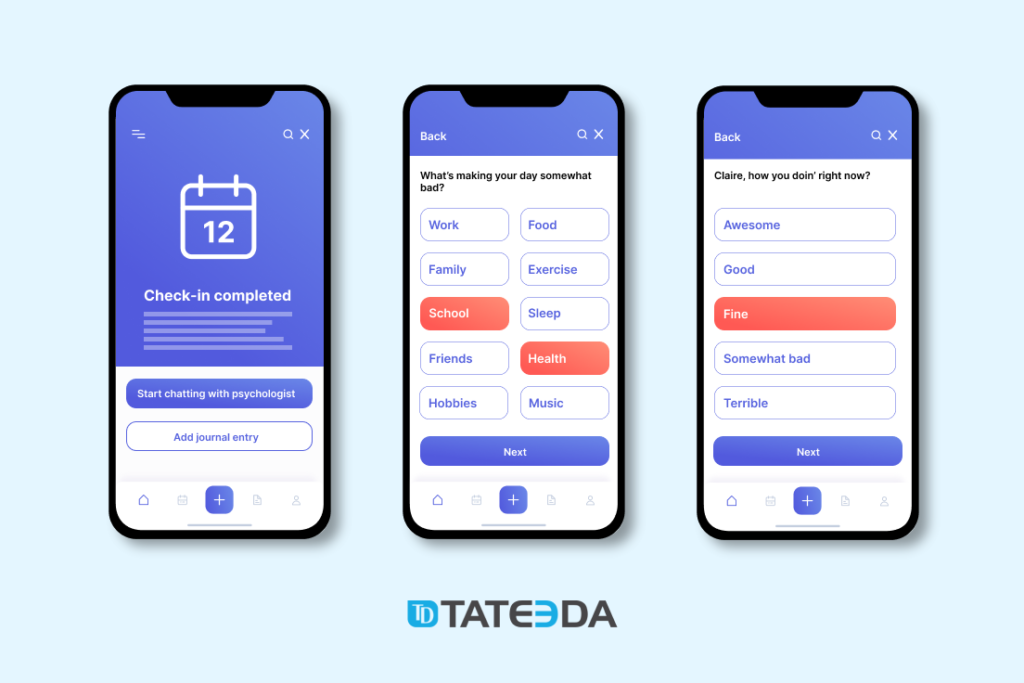 Online Mental Health App UI Example: Estimate symptoms and get immediate help from a mental health professional.