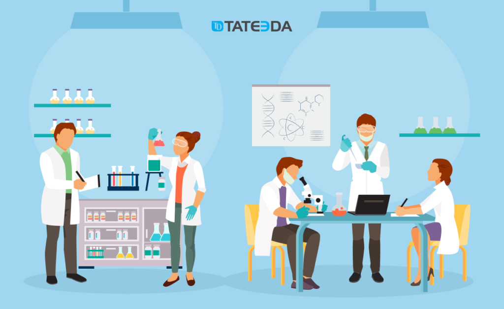 Laboratory technicians and healthcare scientists are performing DNA-related medical data mining and research.