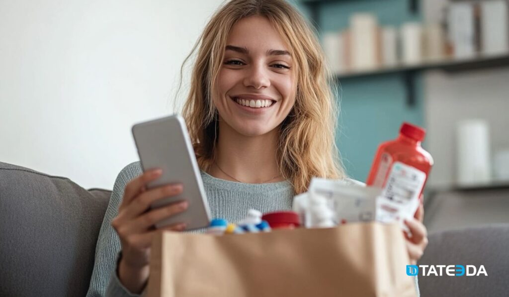 Smiling woman holding a smartphone and a bag filled with pharmacy items, representing the convenience and efficiency provided by an online pharmacy app development company. | TATEEDA