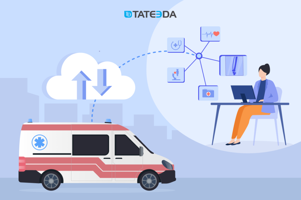 Multiple medical departments and emergency units can exchange health data via the cloud infrastructure