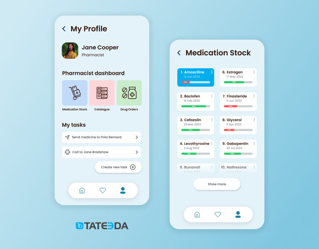 Online pharmacy app interface showing pharmacist dashboard with medication stock levels, catalog, and drug orders panel. | TATEEDA