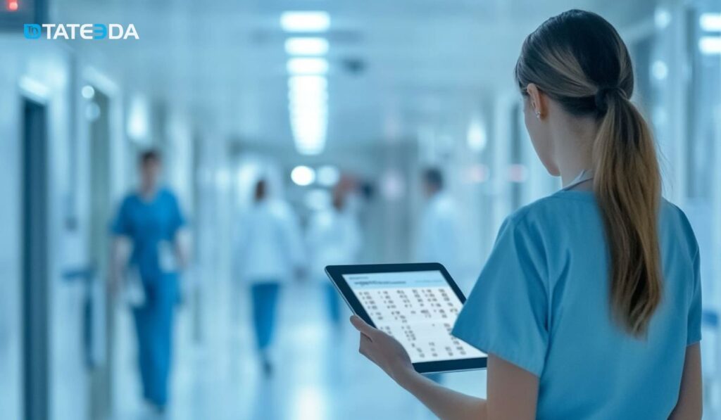 Nurse using a tablet for scheduling shifts, symbolizing reducing the administrative burden in healthcare staffing through automation technology. | TATEEDA