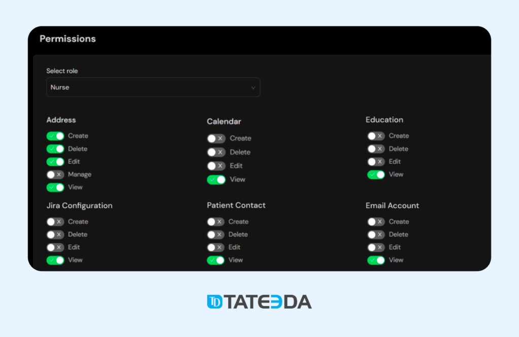 A user interface snapshot demonstrating administrators setting up a nurse role with detailed authorization for accessing various information categories.