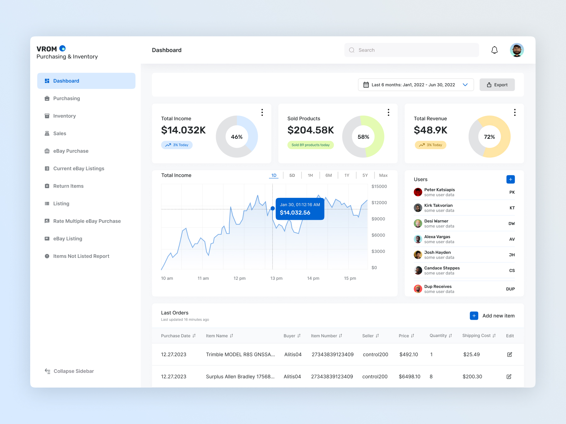 VROM Warehouse Management Web Application Screen 1