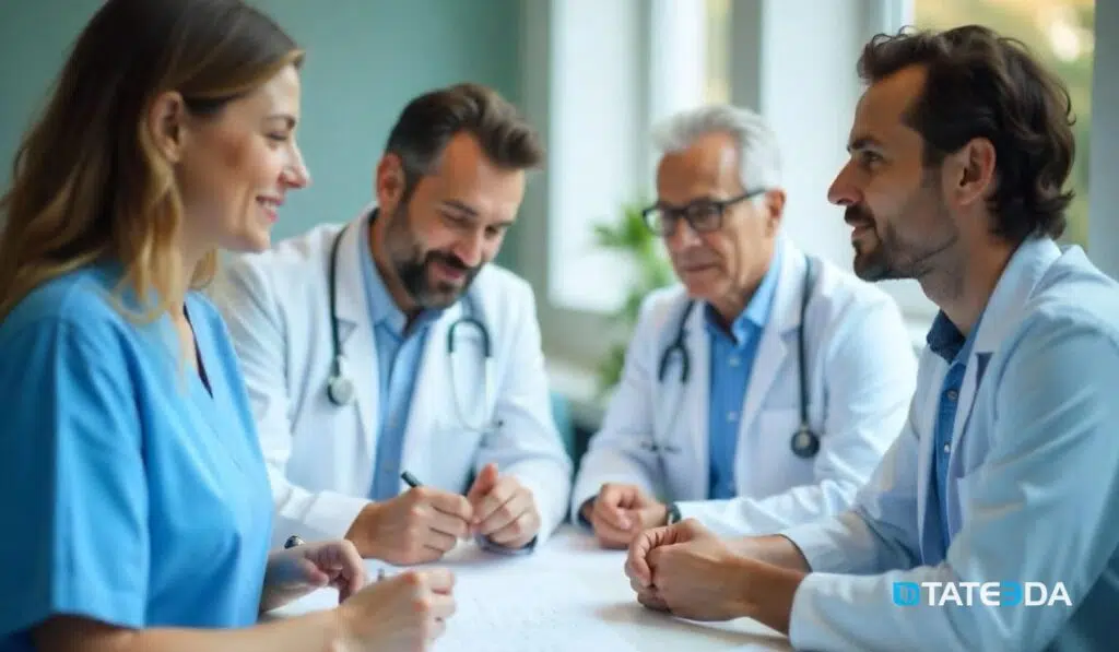 A group of healthcare professionals and IT specialists collaborating on healthtech startup ideas, discussing innovative solutions, including AI-powered platforms and patient-centric technologies for remote care and improved healthcare delivery. | TATEEDA