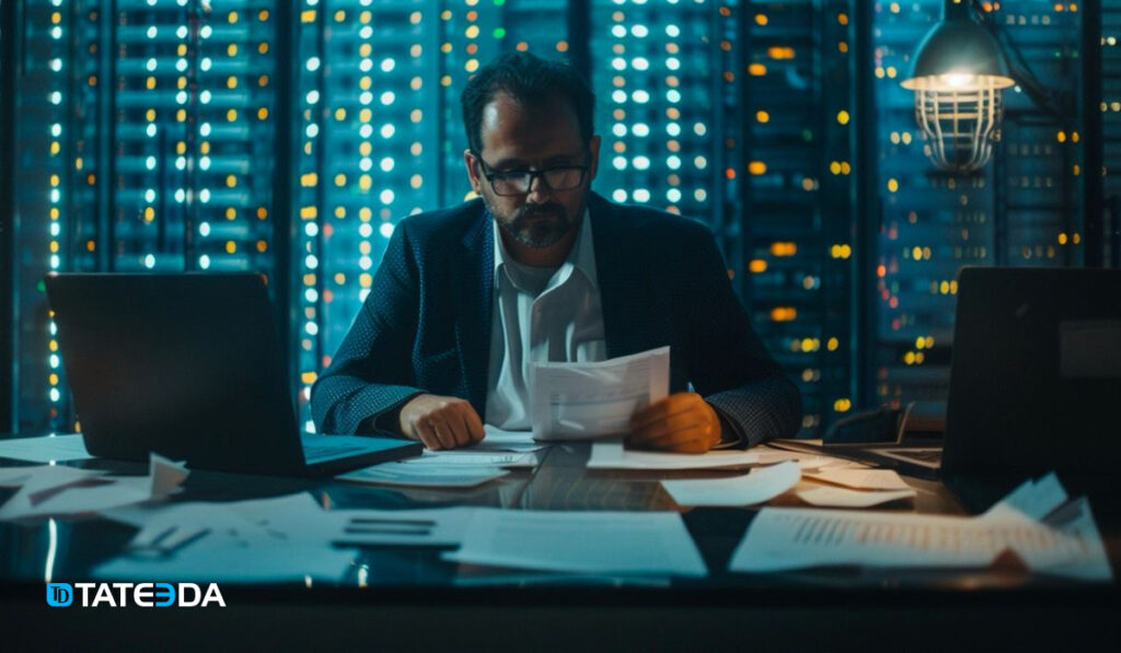 A middle-aged man reviews documents at a desk, lit by the blue glow of server racks in the background, emphasizing his focused work in a high-tech environment. | TATEEDA