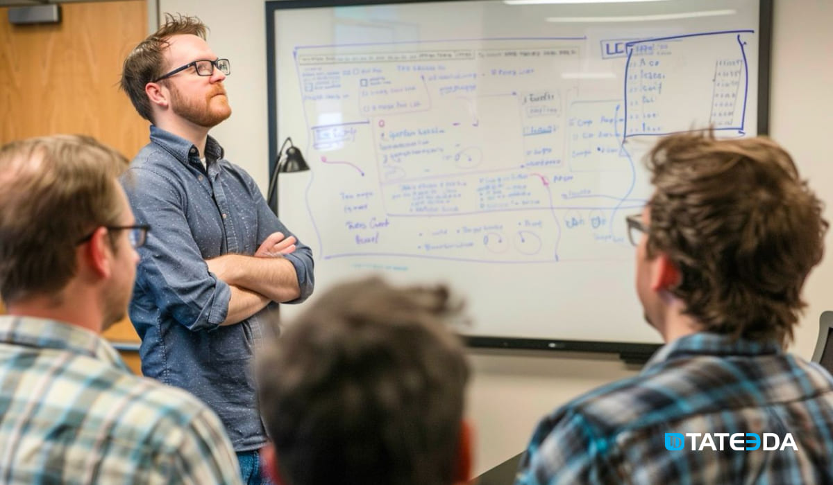 A male team leader in a casual blue shirt discusses project details with his software development team in an office, using a whiteboard filled with diagrams and notes. | TATEEDA