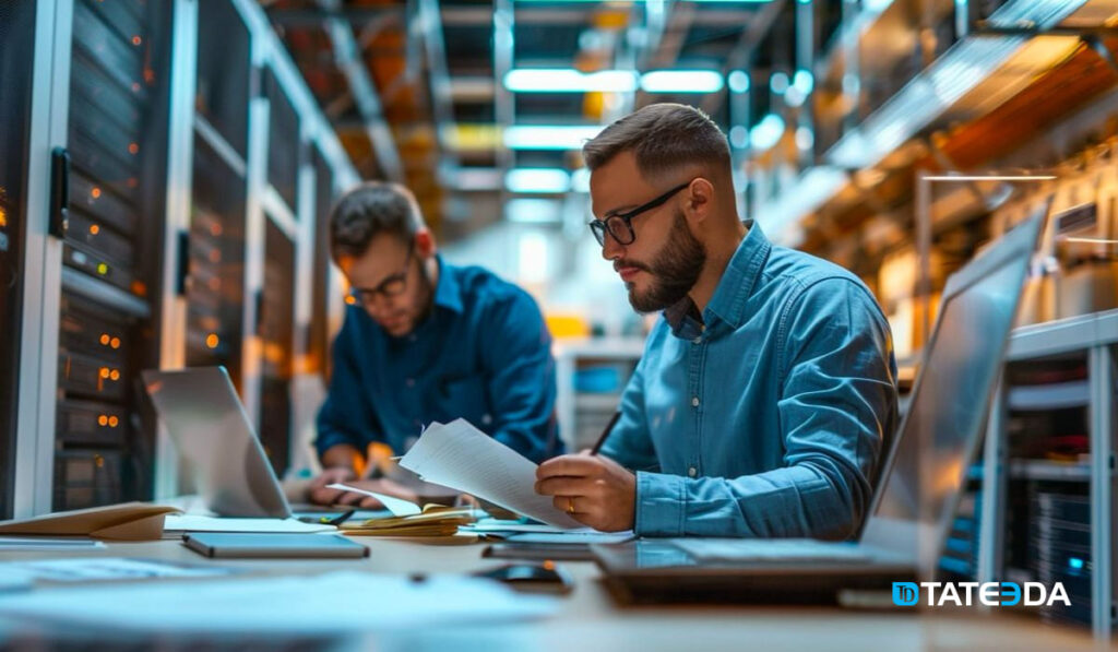 IT cloud engineers strategize on infrastructure workloads amidst a backdrop of server racks and technical equipment. Their workspace, filled with papers and laptops, epitomizes the efficiency of different models of IT outsourcing for your IT needs. | TATEEDA