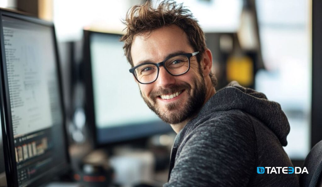 A smiling man with glasses and a beard, sitting in front of a computer, giving off a positive vibe. Perfect visual for showcasing a friendly work environment or to promote hiring a dedicated development team. | TATEEDA