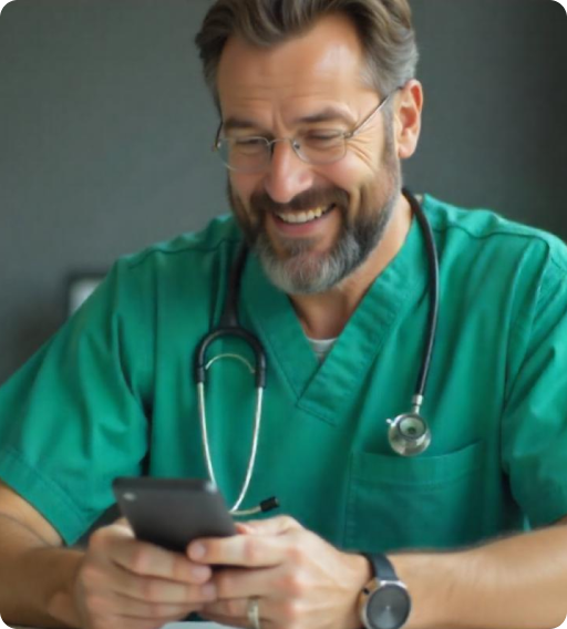 A smiling doctor in green scrubs uses a smartphone, showcasing healthtech software development in healthcare.