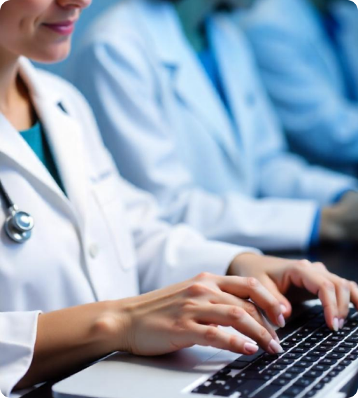 A medical professional types on a laptop, symbolizing collaboration with a medical software development firm to enhance healthcare solutions.