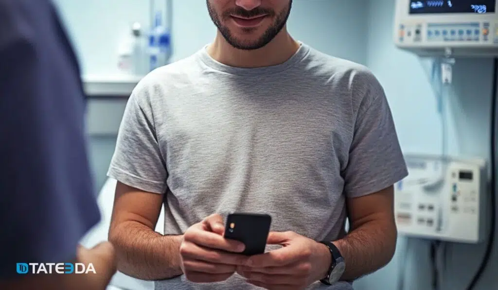 Close-up of a patient using a mobile device in a medical facility, illustrating the shift towards a mobile-first approach in healthcare with real-time updates. | TATEEDA