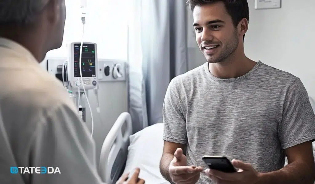 Doctor and patient communicating in a hospital setting, with the patient using a smartphone—illustrating healthcare mobile app trends in digital health. | TATEEDA