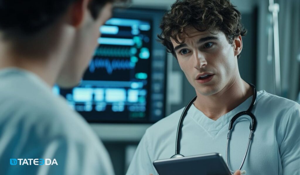 A doctor in a high-tech hospital setting using a tablet for patient monitoring, reflecting the advancements in technology trends in healthcare apps. | TATEEDA