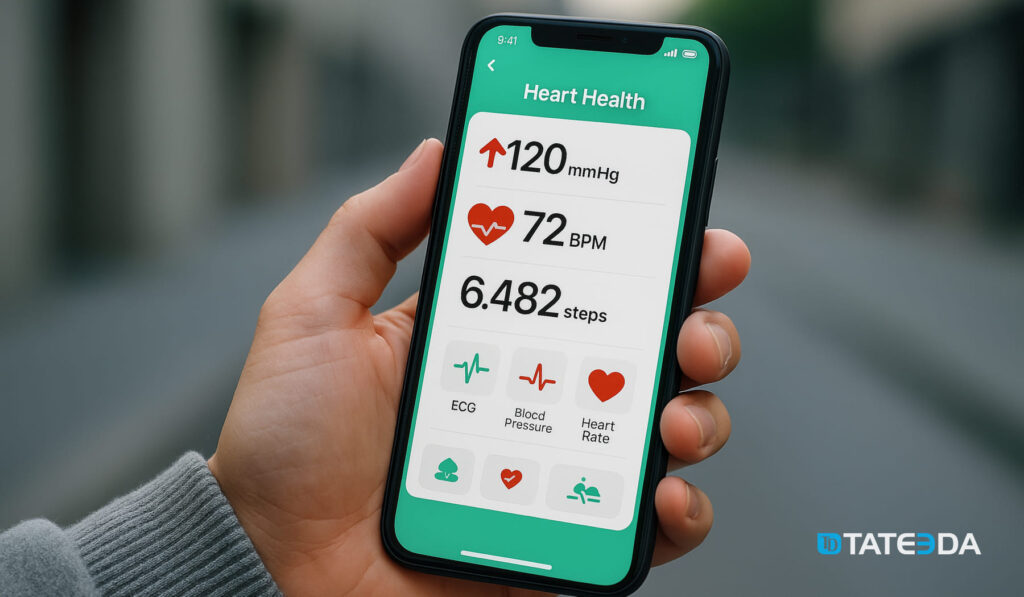 Smartphone screen showing a heart health dashboard from a custom cardiology EMR software, with blood pressure (120 mmHg), heart rate (72 BPM), step count (6,482), and icons for ECG, blood pressure and heart rate monitoring. | TATEEDA