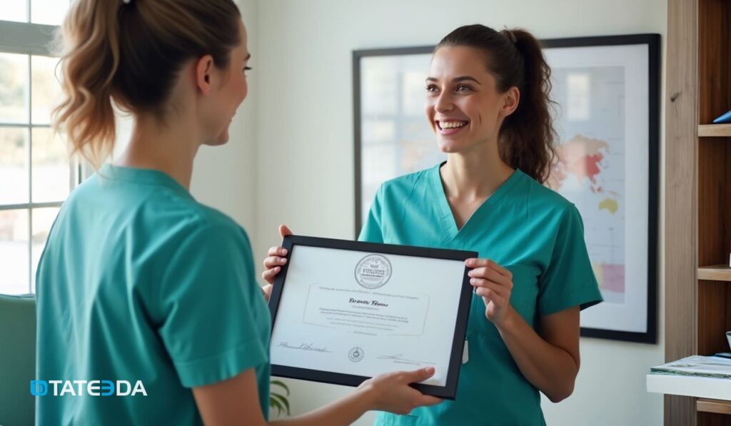 A nurse in green scrubs hands a framed professional certificate to a smiling colleague in a light-filled office, symbolizing seamless digital verification and credential handoff through automated credentialing services.