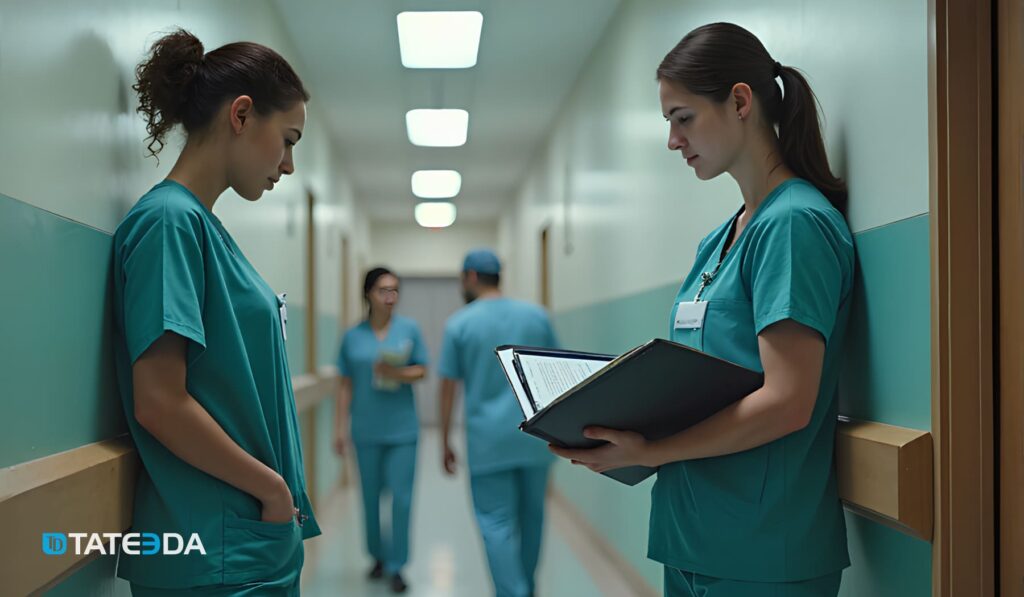 Two nurses in green scrubs are standing in a hospital corridor reviewing credential files and patient records, illustrating automated credentialing services and healthcare workforce automation tools by TATEEDA.