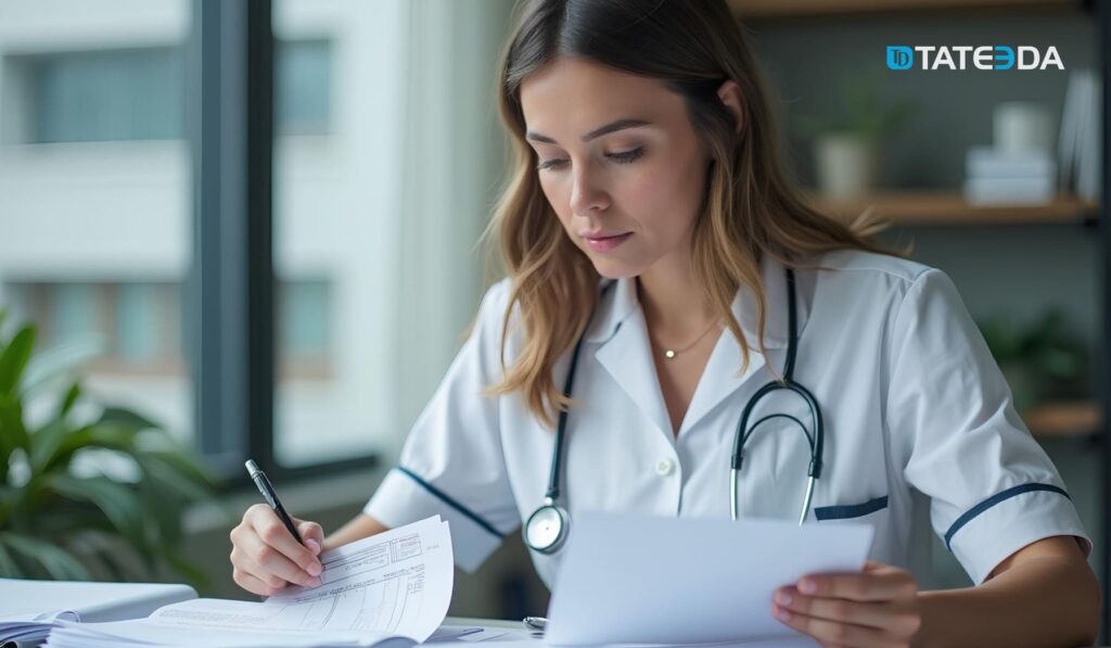 A physician at her desk reviews credential documents, illustrating TATEEDA’s automated credentialing services and compliance management software for healthcare.