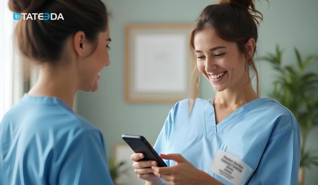 Two nurses in light blue scrubs exchange smiles while one reviews her credentials on a smartphone, showcasing mobile-enabled automated credentialing services and seamless healthcare staffing automation solutions.