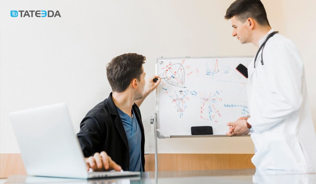 Two healthcare professionals brainstorming and mapping out a health tech product roadmap to accelerate health tech product development. | TATEEDA