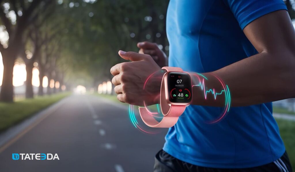 Smartwatch showing heart rate on a runner’s wrist - hire a vendor to connect wearables to our EHR using AI | TATEEDA