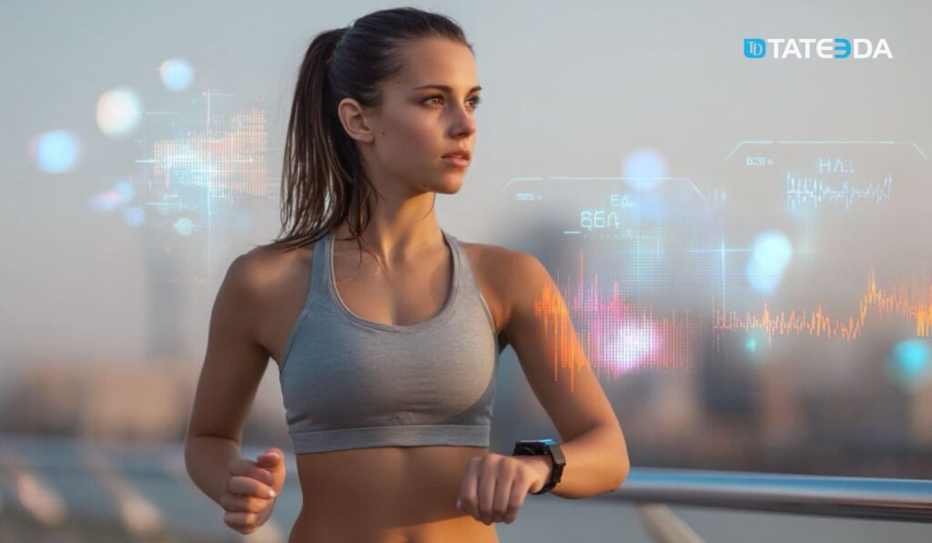 A runner checks a smartwatch with overlaid telemetry, illustrating best practices to add AI health signal detection in wearables integrated with EHR | TATEEDA