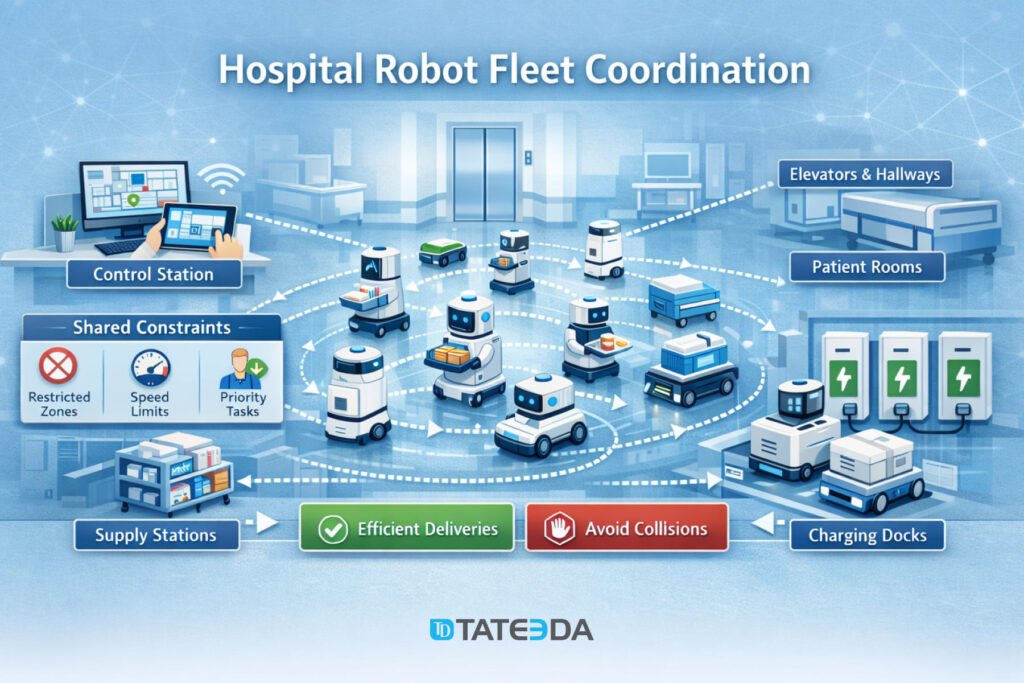 Illustrated control station managing several support robots with route lines, zones, supply shelves, and a charging area. | TATEEDA