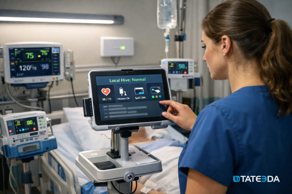 Nurse reviews a bedside dashboard for healthcare swarm AI IoT solutions in a hospital room. | TATEEDA