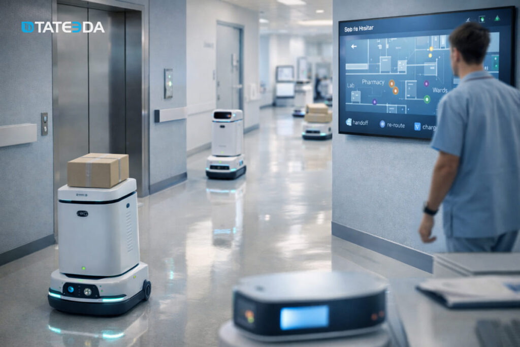 Hospital logistics robots transporting packages while a wall screen displays a route map and simple control labels. | TATEEDA