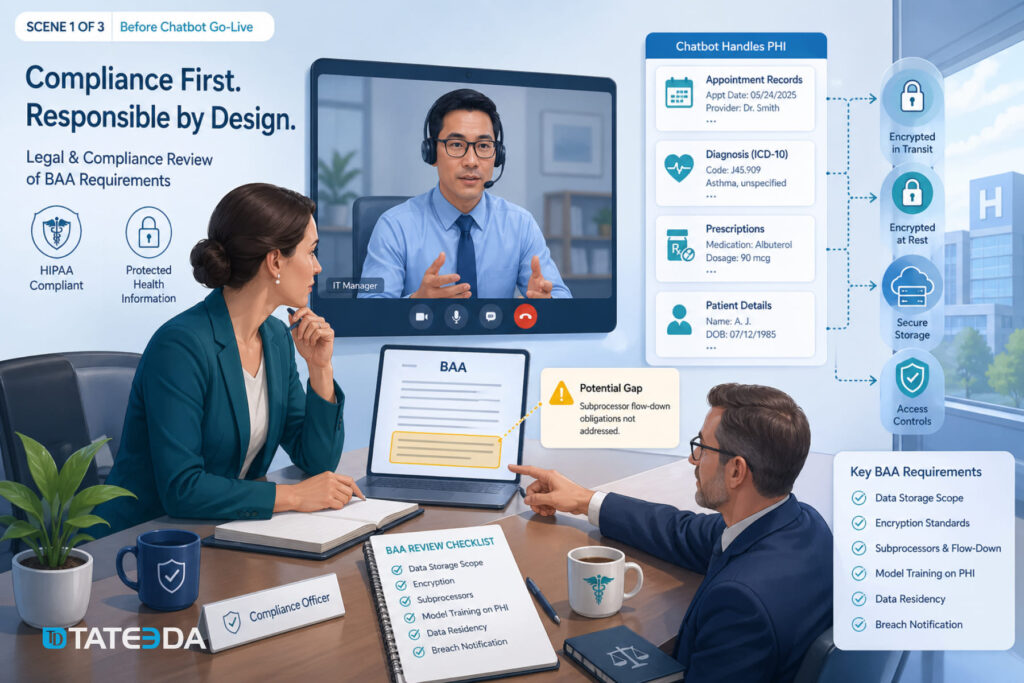 Healthcare team reviewing chatbot BAA and PHI safeguards before launch.