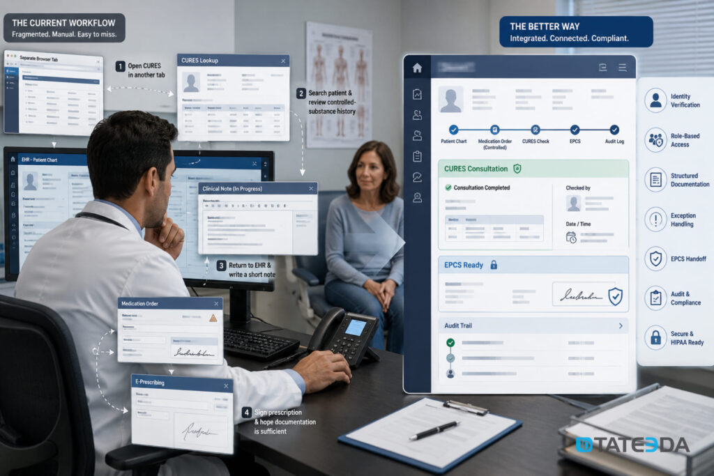 Doctor using EHR with CURES consultation, EPCS handoff, audit trail, role-based access, and secure documentation workflow.