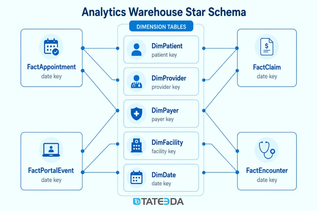 Star schema for medical practice analytics software with appointment, claim, encounter, and portal event fact tables.