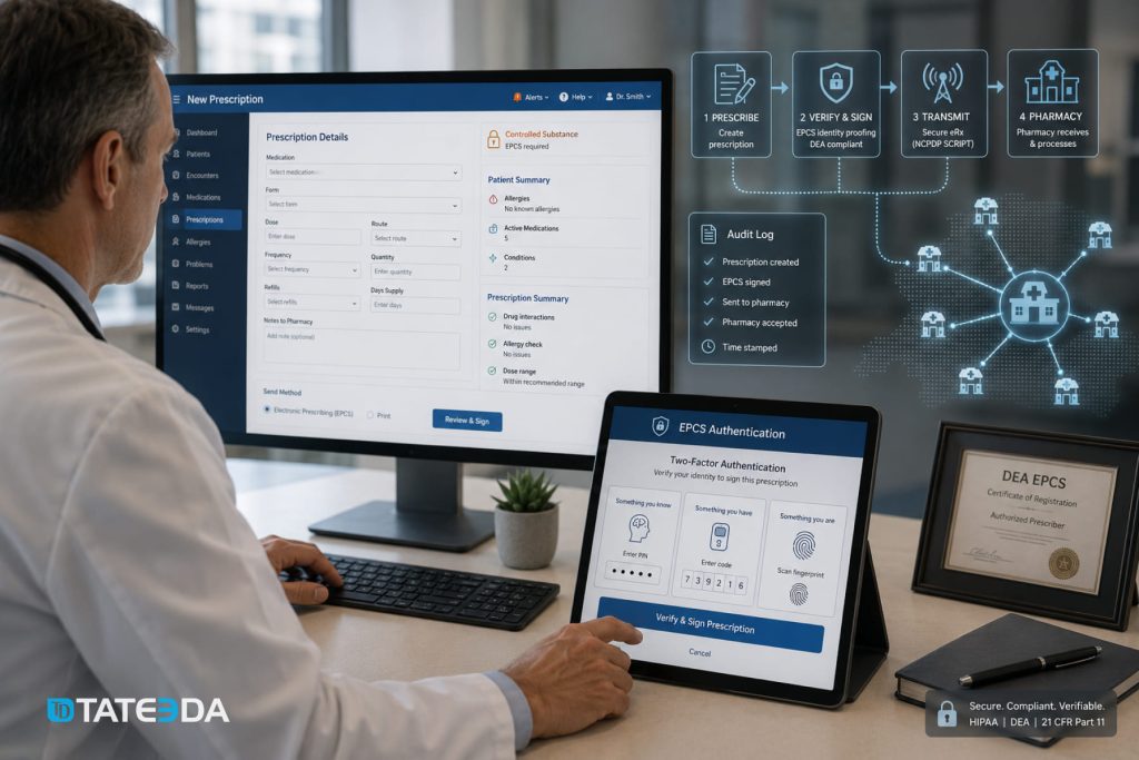 Clinician using an EHR prescribing screen with a tablet-based EPCS authentication step and pharmacy transmission status indicators.