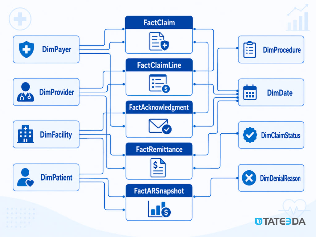 Revenue cycle analytics star schema with claim, acknowledgment, remittance, and AR snapshot fact tables.