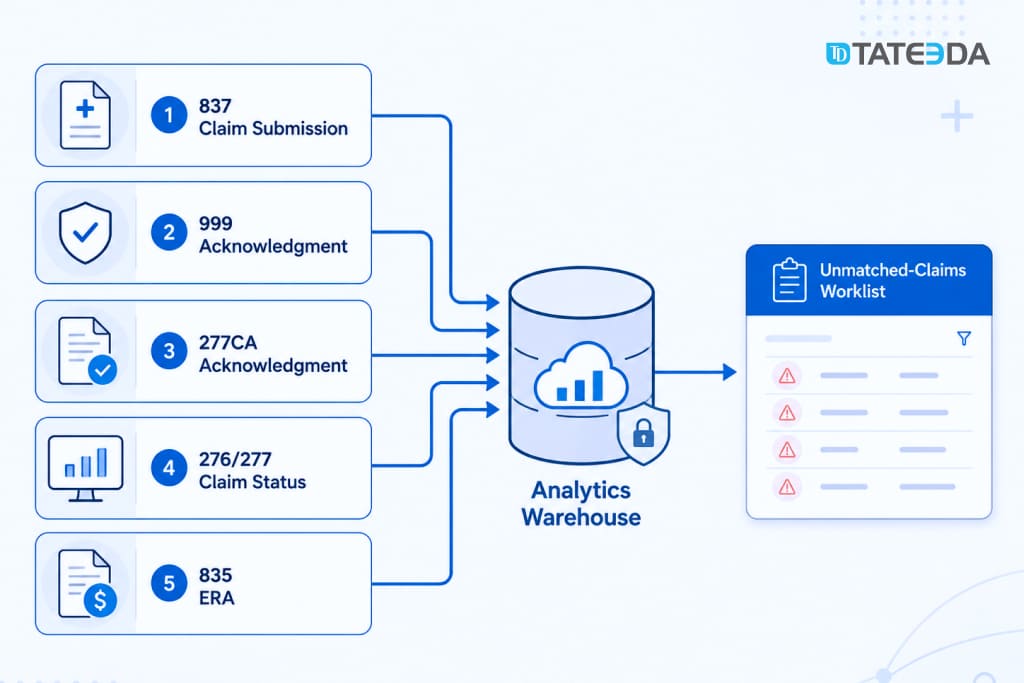 Revenue cycle analytics flow from 837 claim submission through acknowledgments, claim status, 835 ERA, and unmatched-claims reporting.