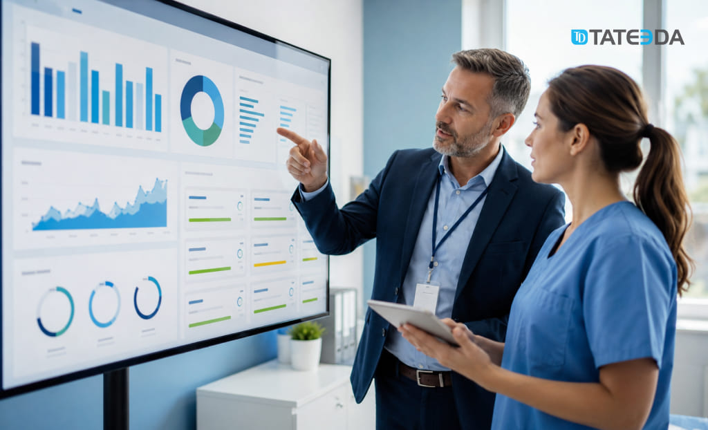 Healthcare billing and operations professionals reviewing a revenue cycle analytics dashboard in a medical office.