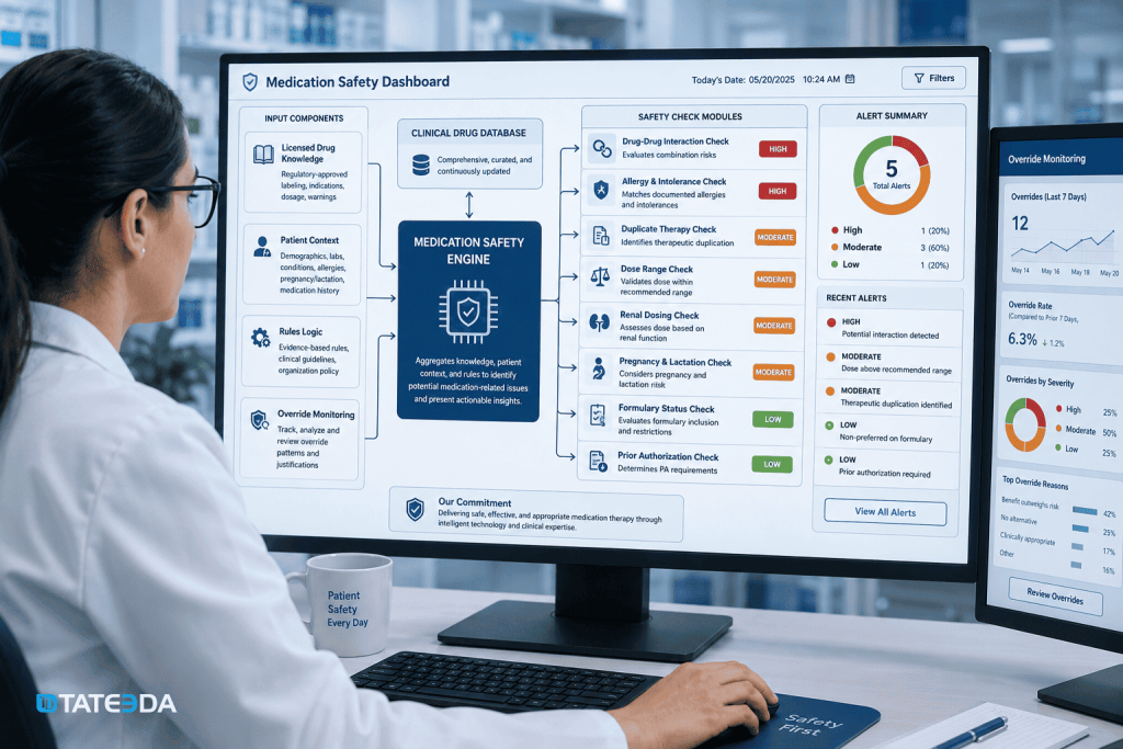 Medication safety engine dashboard in a clinic. Pharmacist monitoring drug safety alerts.