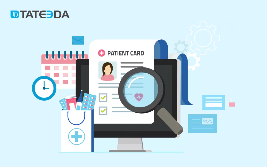 An abstract visualization of a Patient Portal with patient profiles and data management features.