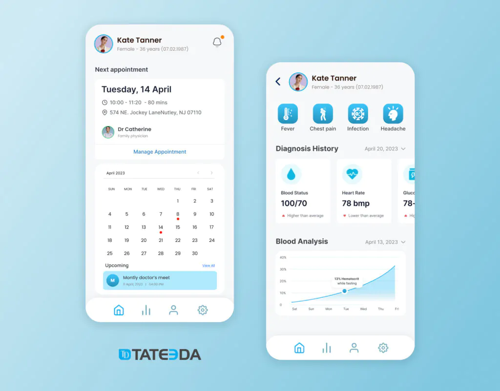 Patient portal development concept: A mobile version of an application for patients, with a "Manage Appointments" dashboard (calendar, medical visit scheduling, health scoring, and more.)